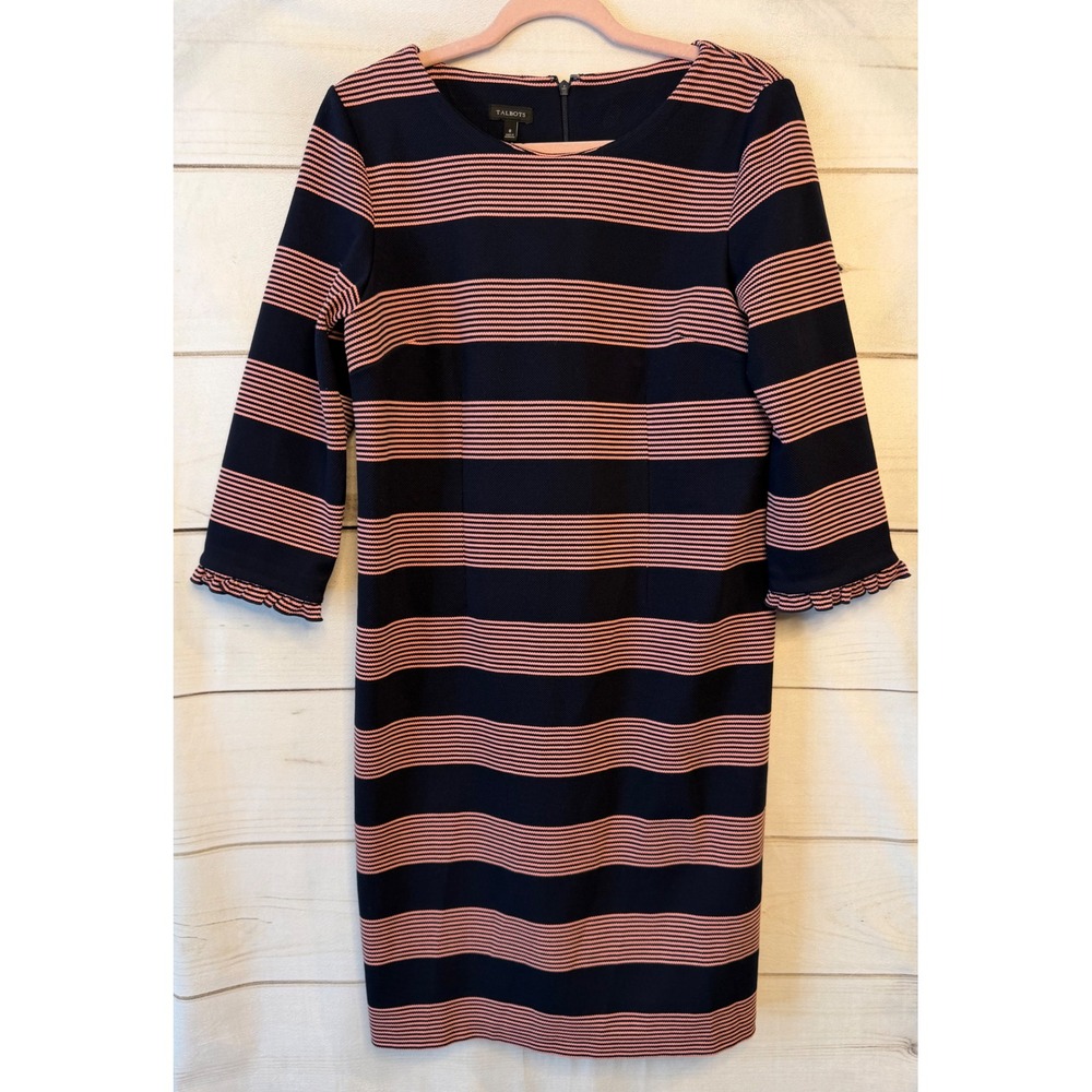 Talbots Navy Blue Pink Striped Ruffle Cuff Sheath Dress Size 8 Textured Knit